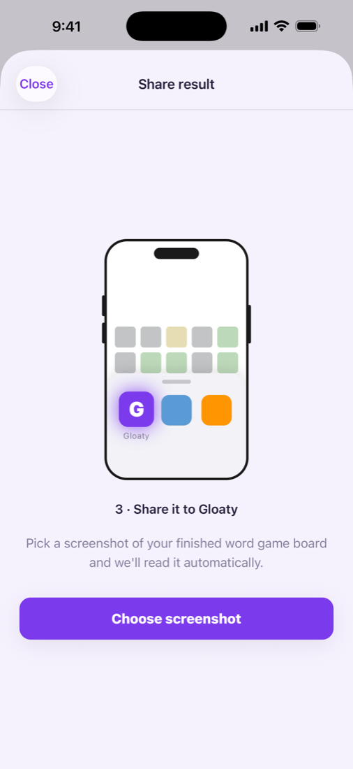 Share result screen: share your board screenshot to Gloaty